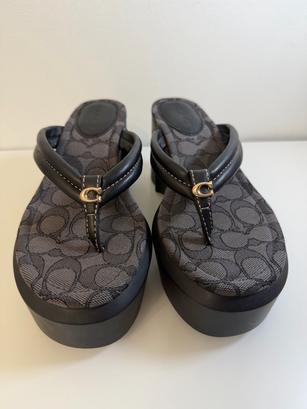 Coach Charcoal and Black Platform Wedge Thong Sandals Size 6 - Picture 6 of 11